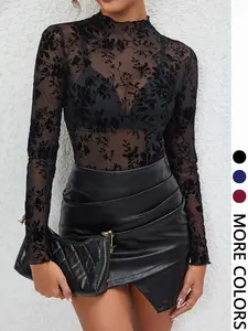 1pc Dark Rose Flocked Mesh High Neck Long Sleeve Lady Top, Sheer Slim Fit Top for Club & Dating