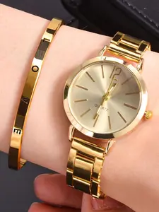 2-piece set women's watch with elegant steel band, fashion simple trendy women's quartz watch bracelet set, Casual Trendy Wristwatch