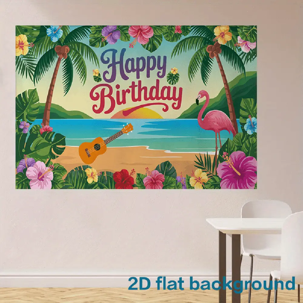 Tropical Beach Themed Flat Polyester Banner, 1pc Reusable Multicolor Print with Flamingos, Ukuleles, Flowers, Festive Birthday Celebration Backdrop for Home & Party Supplies, One-Piece, Photo Booths