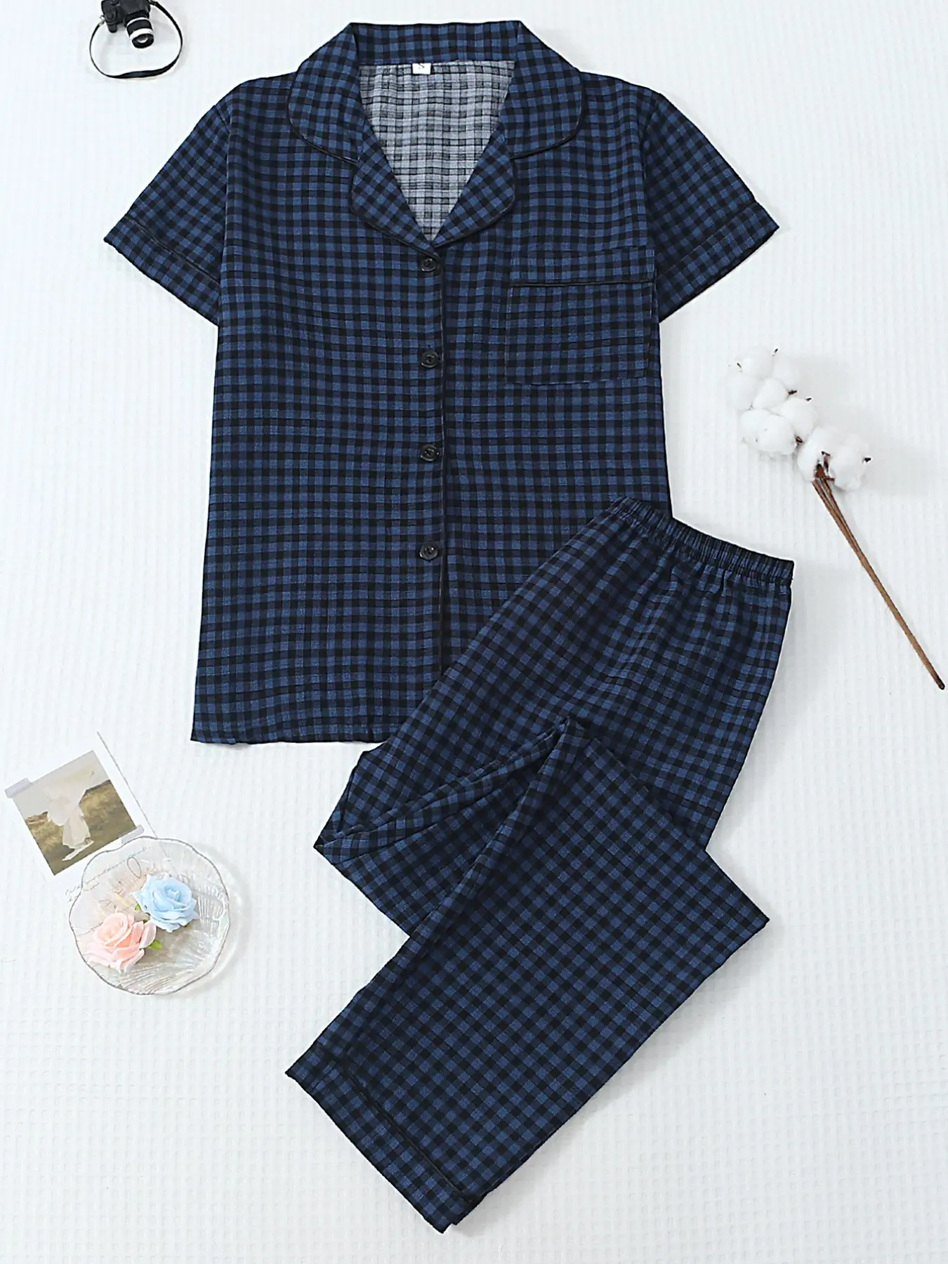 New Plaid Bubble Cotton Set, Pajama Set, Loungewear, Comfortable Soft Short Sleeve Top, Long Sleeve Pants High Sleepwear, Casual Floral Pattern, All Seasons