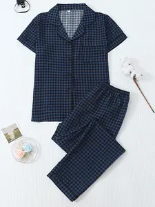 New Plaid Bubble Cotton Set, Comfortable Soft Short Sleeve Top, Long Sleeve Pants High Sleepwear, Casual Floral Pattern, All Seasons