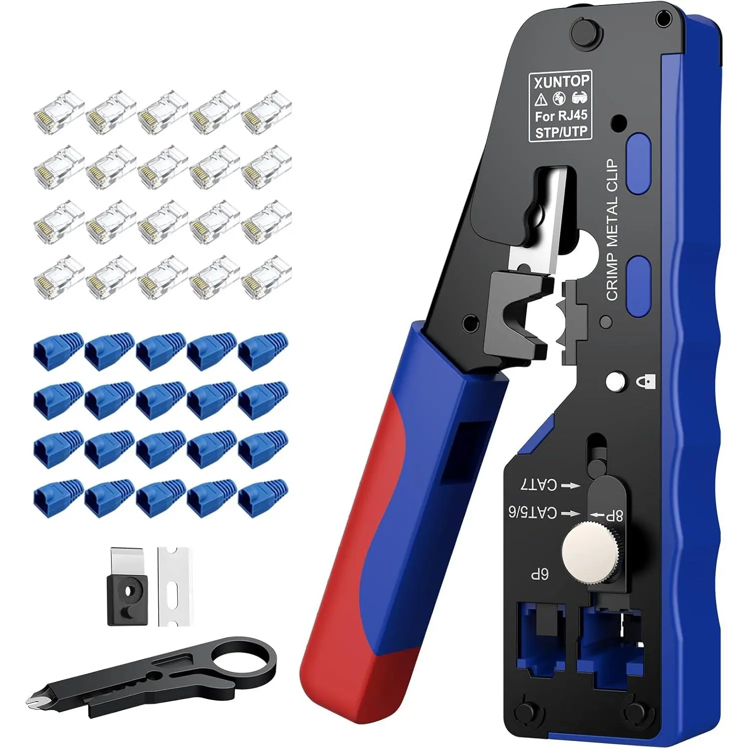 XUNTOP 1-Piece Pass-Through RJ45 Crimp Tool Kit for Cat5, Cat6, Cat6A, Cat7 Ethernet Cables - Cutting, Stripping, Crimping Functions with 20 Cat6 Gold-Plated Pass-Through Connectors, Diy Tool