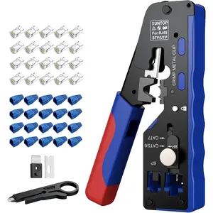 XUNTOP Pass Through RJ45 Crimp Tool Kit for Cat5 Cat6 Cat6A Cat7 All-in-One RJ45 Crimp Tool Kit with 20 Cat6 Pass-Through Gold-Plated Connectors for Cutting Stripping Crimping Ethernet Cables
