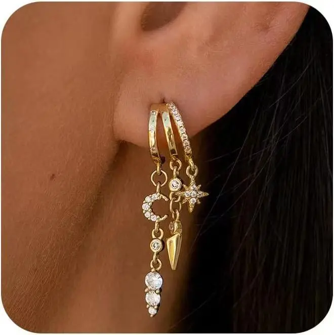14K Gold Plated Plated Dangle Drop Chain Moon Star Cross Dainty Earrings for Women Trendy Dangling Dangly Unique Earrings Long Gothic Jewelry Gifts