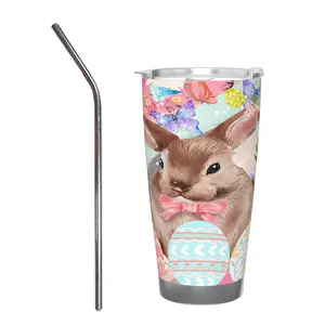 20oz Car Mug with Single Silver Rimmed Edge - with Stainless Steel Straw(rabbit)