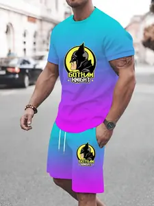 Men's Gradient Batman Gotham Print Tee & Shorts Set, Streetwear Loose Fit Two-Piece with Pockets and Drawstring Waist