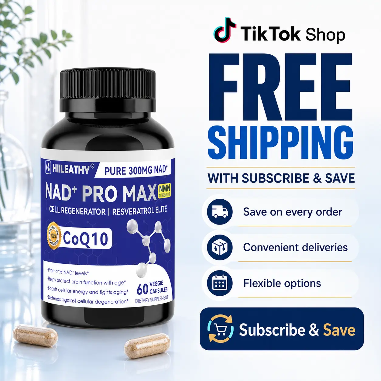 HIILEATHY NAD+ PRO MAX Daily Supplement - 300mg Premium NAD+, CoQ10+Resveratrol Blend for Women’s Healthy Lifestyle, 60 Capsules