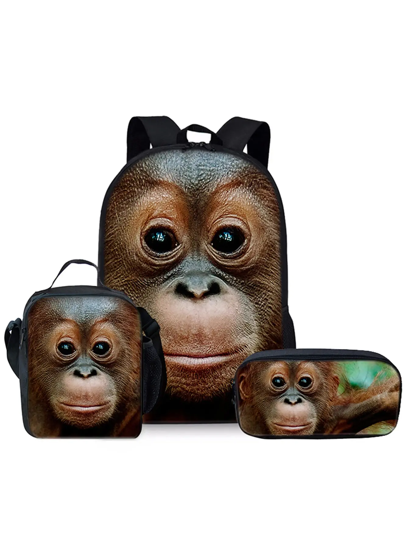 Little Monkey Pattern Printed 17-inch Backpack Daypack Three-piece Set (Single-layer Backpack + Shoulder Strap Lunch Bag + Single-layer Pencil Bag) Cute Daypacks