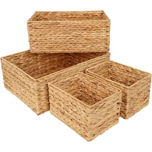 Wicker Basket Organizer Rectangle Water Hyacinth Storage Baskets Set Of 4 Organizing Bathroom Bedroom Kitchen Shelves Pantry Natural Woven Baskets Rectangular