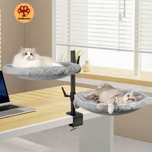 Unidevice Cat Desk Bed - Sturdy Cat Bed for Desk, Double Cat bed with 360° Rotating & Adjustable Height, Elevated Cats Nest Perch for Desk, Grey kitty machine washable bedding outdoorfun