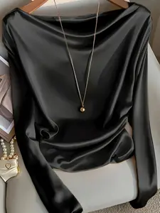 Elegant Plus Size Women's Satin Charmeuse Blouse, Scoop Neck Long Sleeve Top, All-Season Casual & Formal Wear, Smooth Texture
