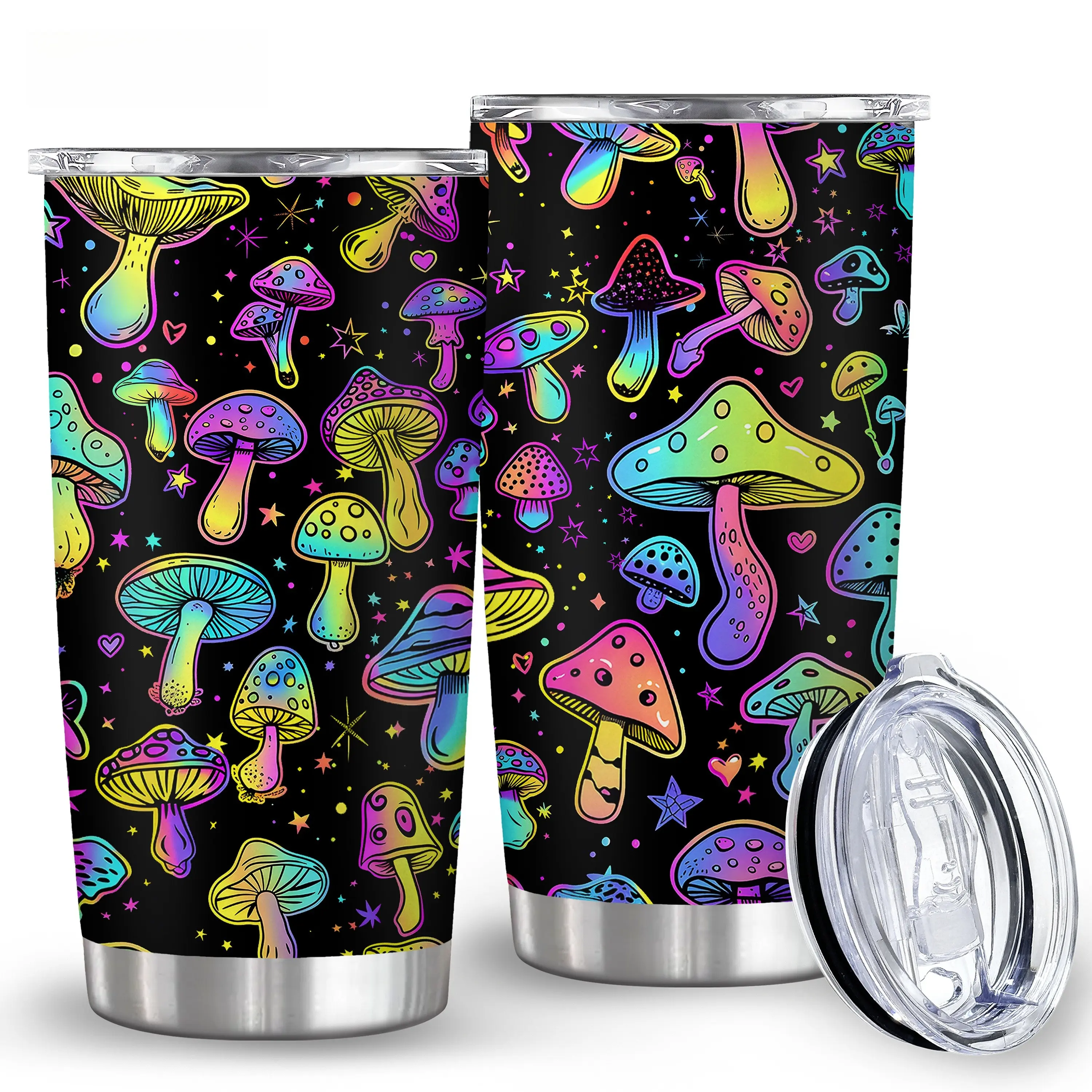 20oz Stainless Steel Thermal Flask Tumbler - Portable BPA-Free Lidded Metal Drinkware, Double-Wall Insulated Leakproof, Machine Washable, Watercolour Stripes, Letters, Fluorescent Mushroom Print, Animals, Polka Dot, Patchwork, Plants, Halloween Gift Ideal