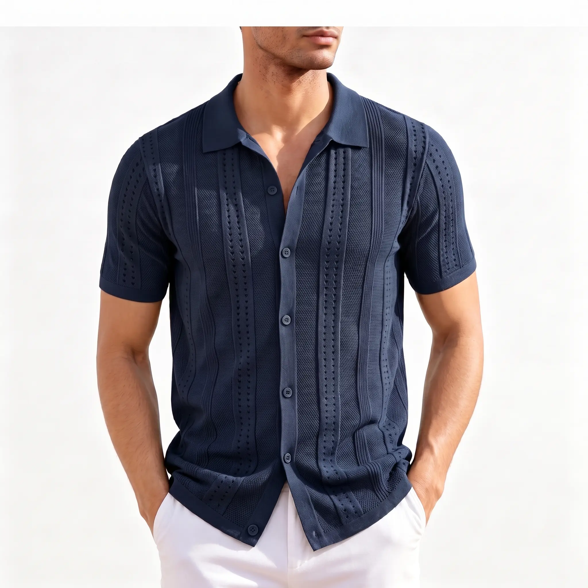 Men's Knit Shirts Short Sleeve Button Down Polo Shirt Fashion Casual Summer Beach Shirts