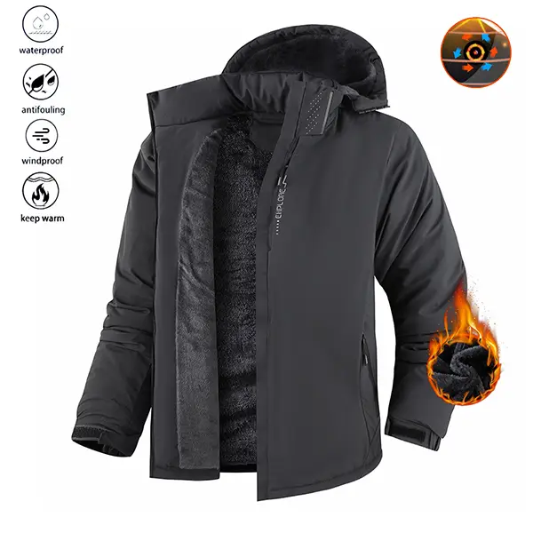 Men's Winter Thermal Lined Outerwear - Waterproof Windproof Hooded Ski Jacket with Thick Fleece Lining, Insulated Outdoor Sports Coat for Skiing, Hiking, Waterproof Windproof Outerwear, Plain