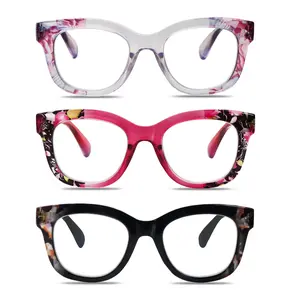 Reading Glasses for Women 3 Pack, Mix Color Floral Cat-Eye Frames with Spring Hinges, Lightweight Anti Blue Light Daily Readers
