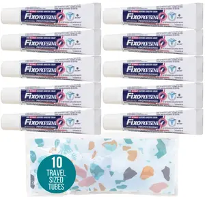 Spark Fixo Travel Sized/Pocket Sized Professional Denture Adhesive Cream Tubes, TSA-Approved Travel Sized Denture Adhesive with 1 Dental Travel Zipper Pouch (Pack of 10 Tubes)