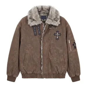 Heavyweight vintage distressed canvas jacket with faux fur collar, Harajuku cross patch bomber coat