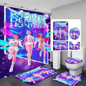 4-Piece Modern Bathroom Curtain Set, Colorful Background Shower Curtains, Includes 12 Hooks, Non-Slip Toilet Mat & U-Shaped Seat Cover