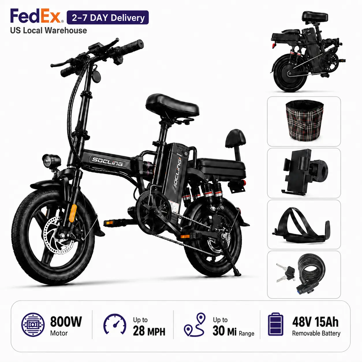 Folding Electric Bike for Adults, 800W Motor, Up to 28MPH, Up to 30 Mi Range, 14" Electric Bicycle, 48V 15Ah Removable Battery, 2-Person E-Bike, 3 Riding Modes, Mechanical Disc Brakes, UL2849 Certified, Commuter & Outdoor Fun