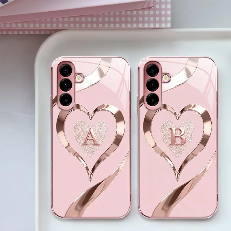 Suitable for [Galaxy A17 ] Luxury Rose Gold Heart Monogram Phone Case | Personalized A-Z Initial Electroplated Glossy Glass Protective Cover | Shockproof Drop Protection, Anti-Scratch & Anti-Fingerprint | Cute Gift for Her -JS996