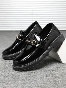 Men's Breathable Leather Shoes, Casual One-Button Slip-On Sneakers, Glossy Student Trendy Korean Style Loafers with Metal Buckle