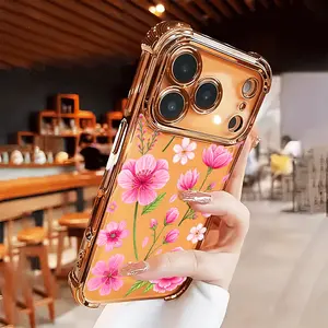 Pink Peony Phone Case for iPhone 17 Air 16 15 14 13 12 11 Pro Max Plus border Electroplating with counter-fall Safety Cushion 2D printing Four-corner Thickened