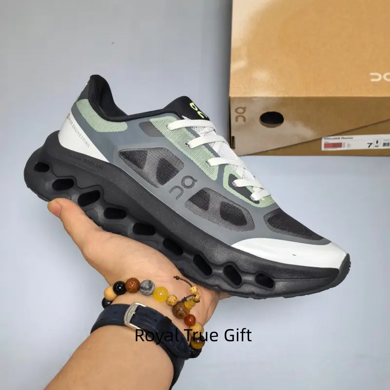 Gray mint green black color block hollow chunky cushion running sneakers breathable multi layer mesh upper segmented deep lug rubber anti slip outsole lightweight daily jogging walking sport shoes for men women street wear