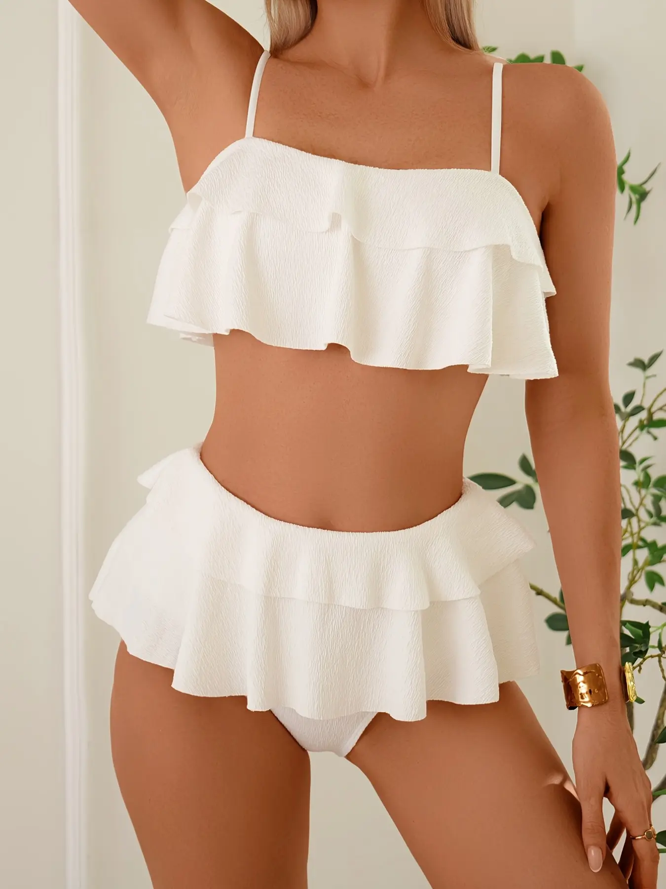 Women's High-Waisted Bikini Set, Bikini Swimwear Set, Pure Color Design, Perfect for Beachwear & Swimsuits, Ruffle Swimsuit, Summer Swimsuit Set