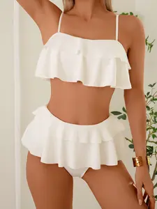 Women's High-Waisted Bikini Set, Pure Color Fashionable Design, Perfect for Beachwear & Swimsuits, Ideal Gift for Women, Ruffle Swimsuits, Ruffle Bathing Suit, Ruffle Trim Swimsuit