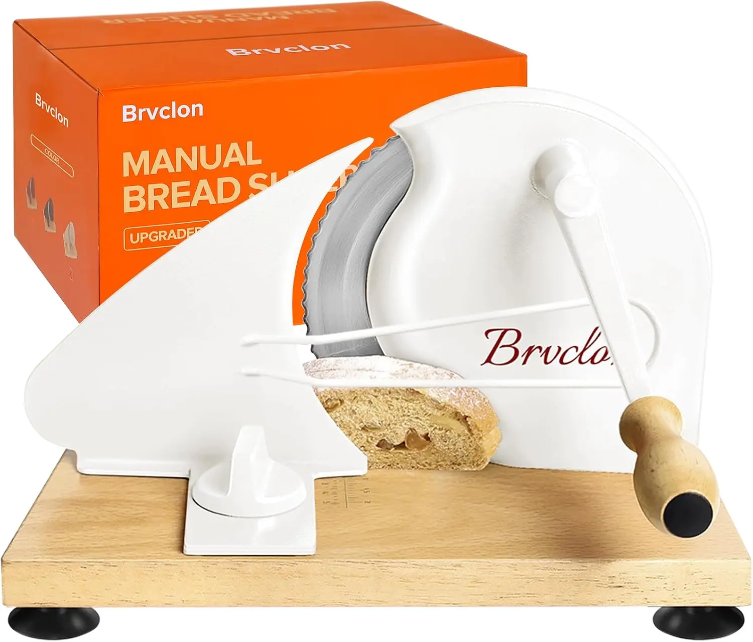 Brvclon Manual Bread Slicer Adjustable Thickness, Hand Crank Bread Slicer for Homemade Sourdough Bread with Scale Line & Suction Cup & Metal Guide,Quality Solid Wood Base