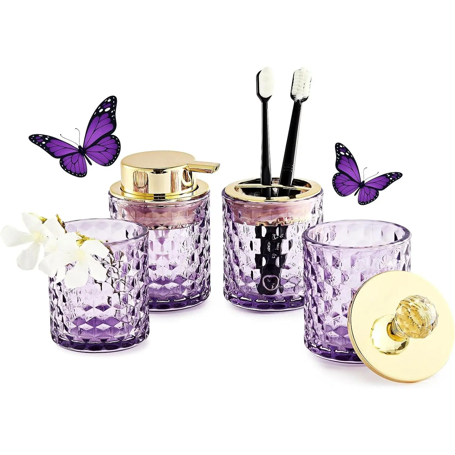 Purple Bathroom Accessories Set, 4Pcs Purple Bathroom Accessory Set Complete, Toothbrush Holder, Soap Dispenser, Qtip Holder, Tumbler, Perfect for Bathroom Decor and Vanity