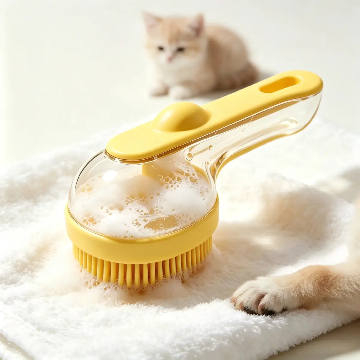 Dog Cat Bath Grooming Brush Tool - 1-Press Refillable Anti-Leak Shampoo Dispenser, Long Handle Soft Food-Grade Silicone Massager, No-Scratch Skin-Safe Deep Clean Deshedding Grooming Tool for Short-Hair Pets, Grooming Tools