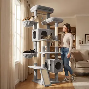 DESKAT S77C 77 Inch Heavy Duty Cat Tree for Large Cats, Sturdy Stable Multi Level Tower with 2 Condos and Hammock