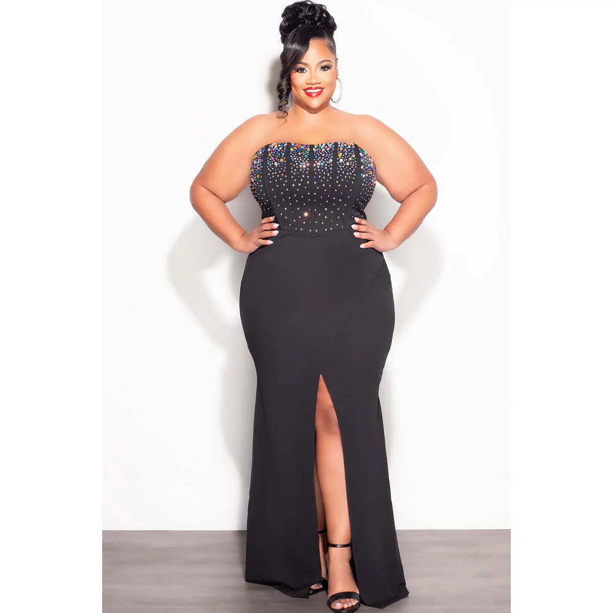 Final Sale Plus Size Strapless Multi Color Rhinestone Gown in Black