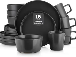 “16-Piece Stoneware Dinnerware Set for 4 – Black Matte Plates & Bowls, Minimalist Round Design, Microwave & Dishwasher Safe”