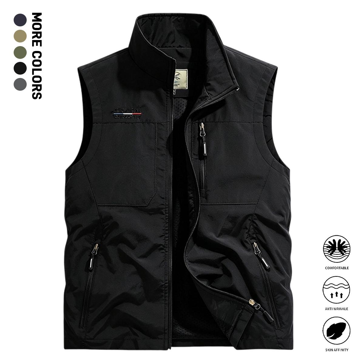 Men’s outdoor sleeveless vest, lightweight quick-dry zip-up stand collar cargo vest with multiple zippered pockets, casual vest for fishing, photography, and travel