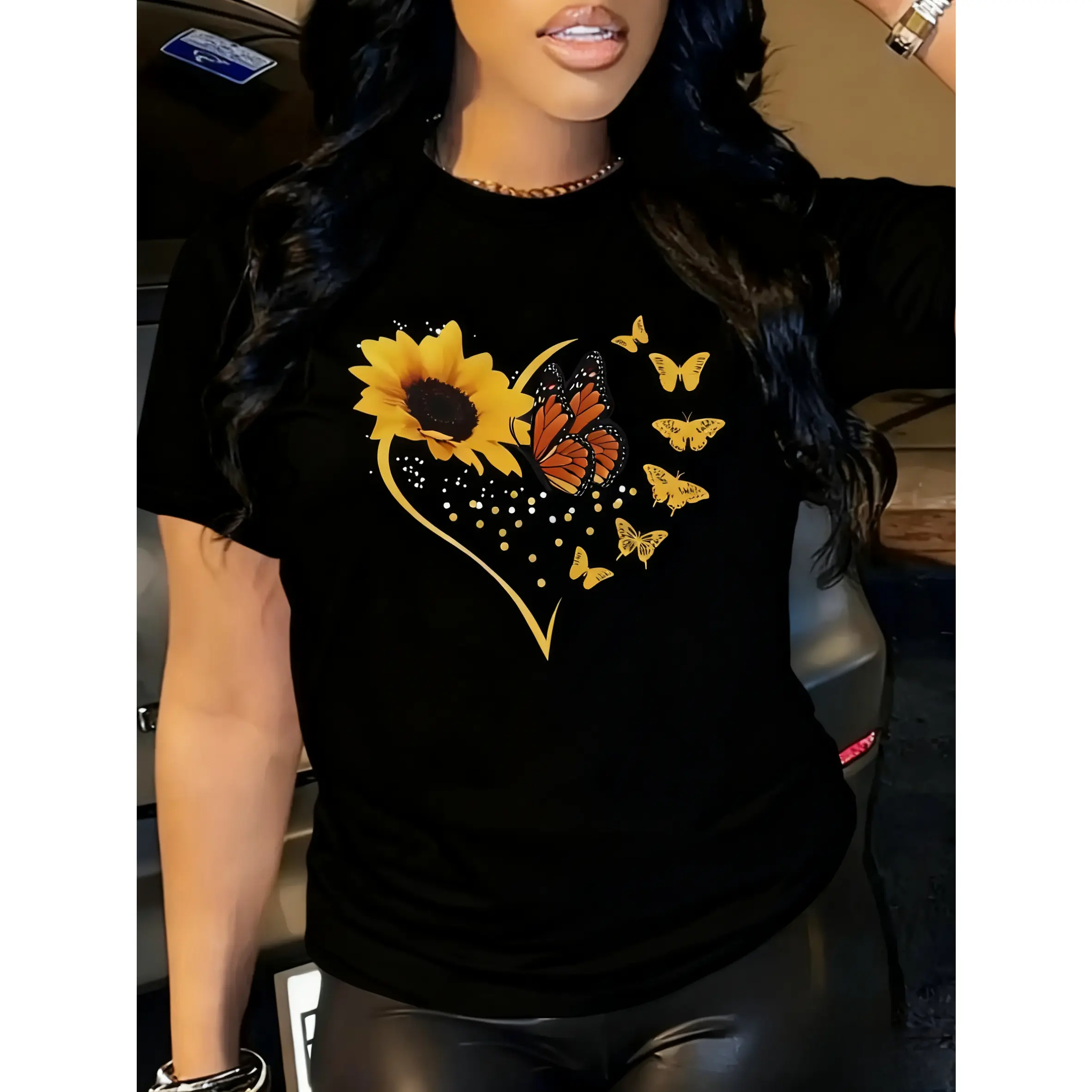 Women's 100% Cotton Round-Neck Shortsleeve T-Shirt - Smooth Seamless Basic Fabric, Sunflower & Butterfly Print, Fresh Casual Versatile Top for Spring, Summer