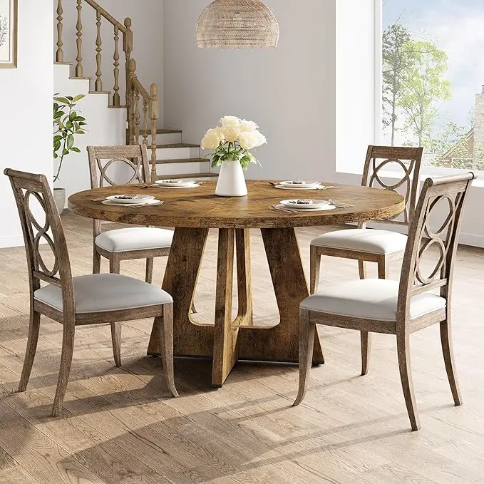 47-Inch Round Large Dining Table, Wooden Kitchen Table Set for 4 to 6, Farmhouse Dinner Table with Wooden Top and Legs for Home Dining Room or Living Room