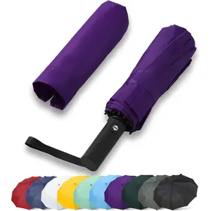46 Inch Large Automatic Travel Umbrella, 12 Ribs Windproof Design, Heavy Duty  210T Pongee Fabric Folding Umbrella with Sleeve, Purple