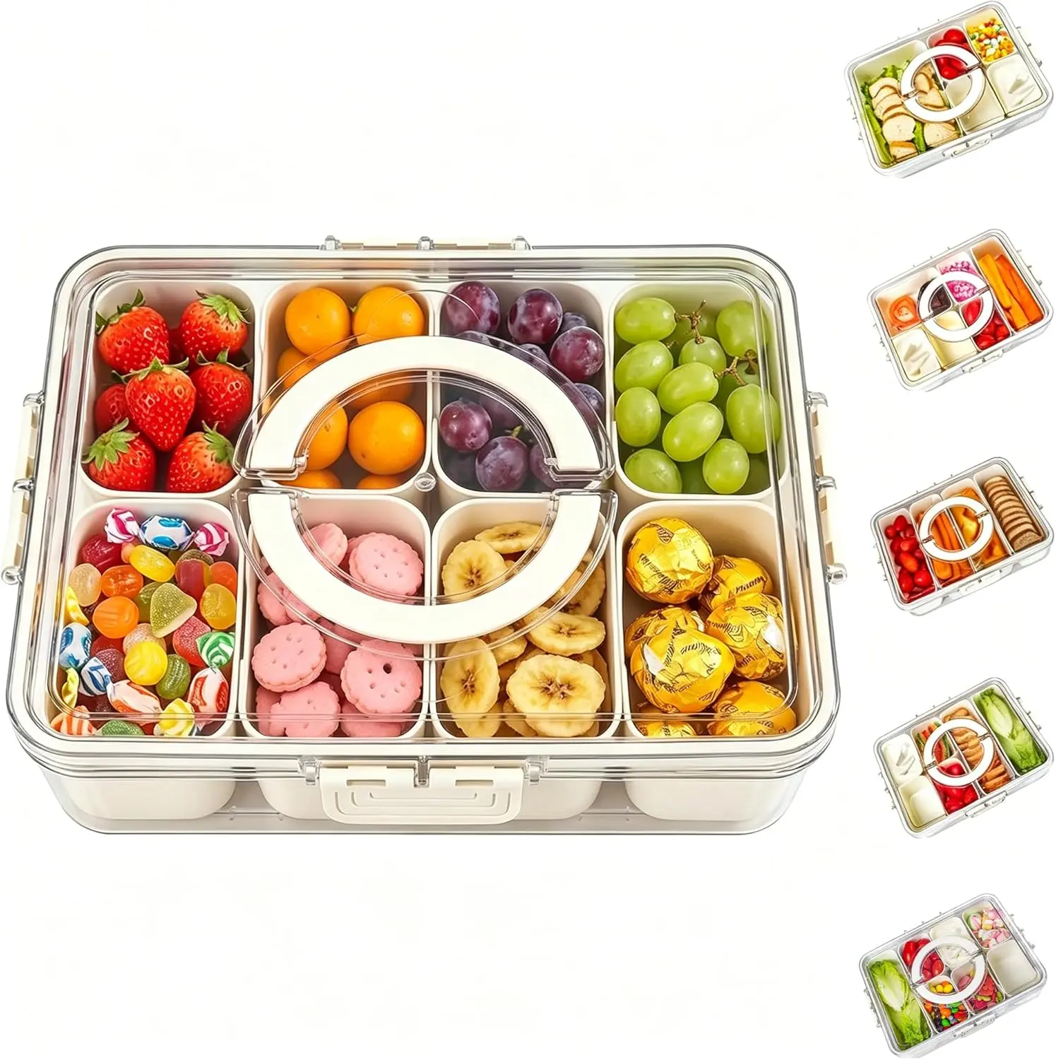 Snack Box Container, Snackle Box with Handle for Candy, Fruits, Nuts, Charcuterie and Veggies, Divided Serving Tray with Lid Perfect for Christmas Party and