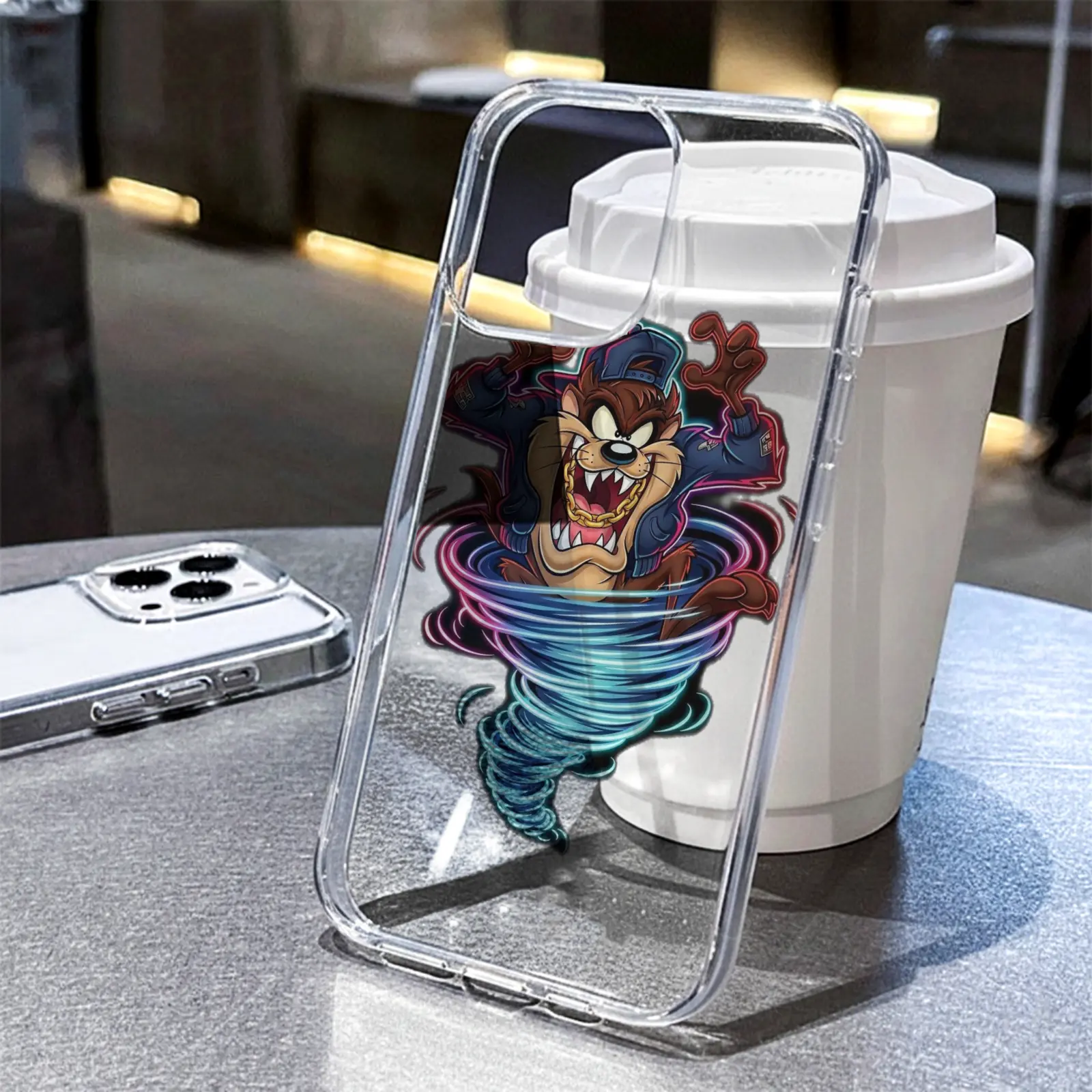 Retro Streetwear Devil Cartoon Taz Clear Phone Case, Tornado Beast Print with Neon Swirl, Shockproof Soft TPU Cover for iPhone 16 17 plus pro promax Air