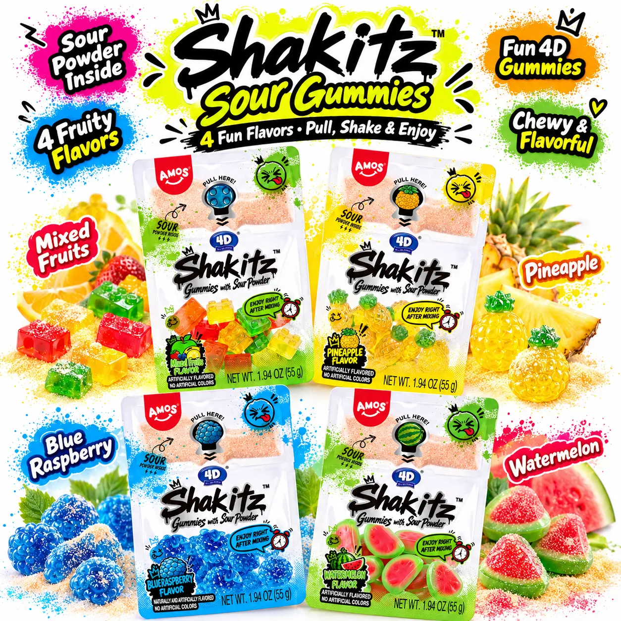 AMOS Shakitz Sour Gummies with Sour Powder – 4 Fruity Flavors, Pull Shake & Enjoy, Fun 4D Chewy Candy, 1.94 oz Each