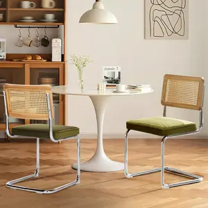 Velvet Dining Chairs,Upholstered Mid-Century Modern Dining Room Chairs with Cane Backrest,Retro Velvet Kitchen Chairs with Stainless Chrome Base