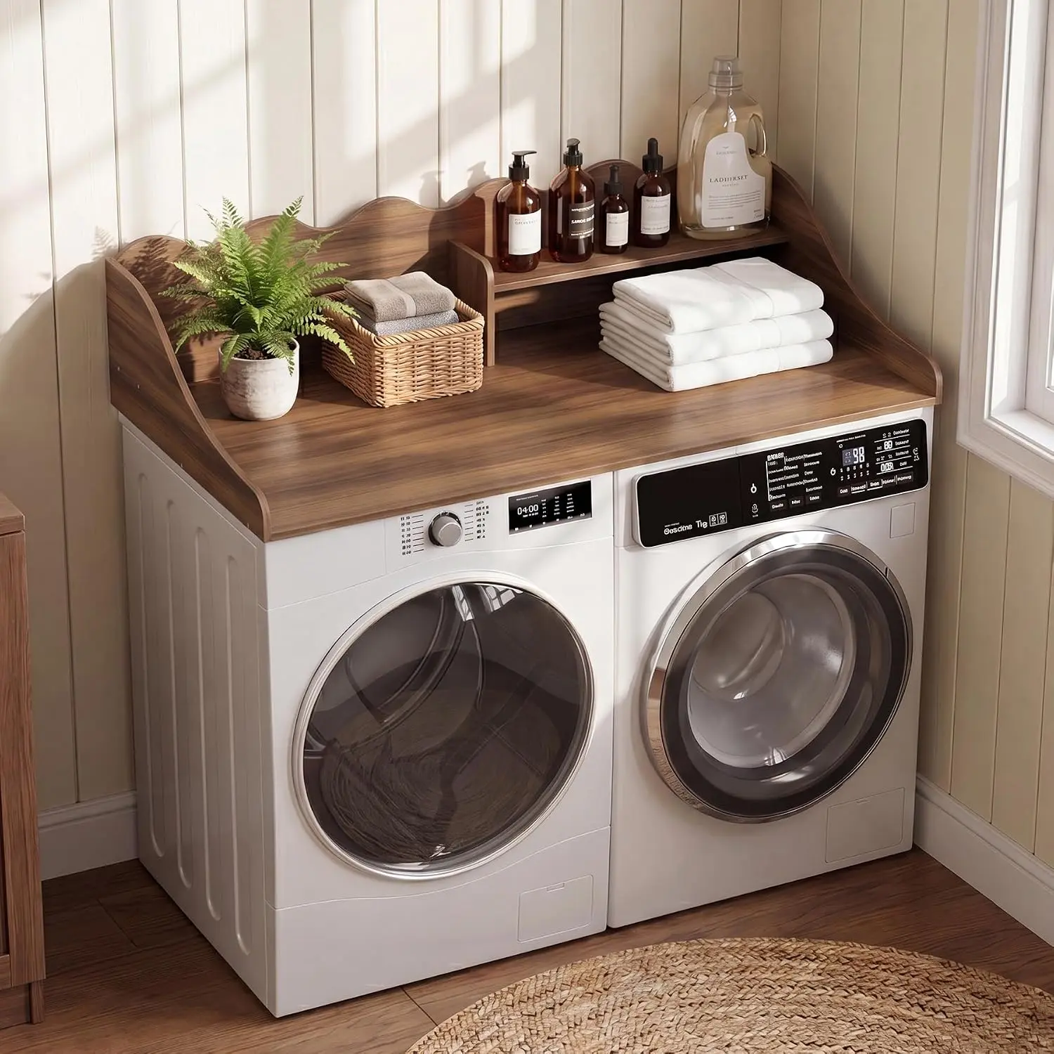 2 Tier Washer Dryer Countertop with Shelf for Laundry Room Organization | 54" W x 27.5" D Wood Laundry Topper for Washer and Dryer with Non-Slip Pads, Waterproof, Stain-Resistant, 10-Minute Setup