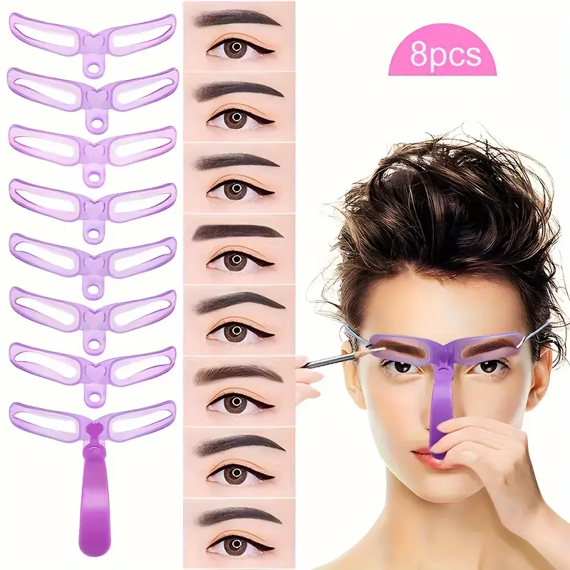 Hypoallergenic Eyebrow Shaping Stencils, 8-Piece Reusable Plastic Makeup Grooming Tool Set with Handle for Perfectly Defined Brows - Purple, Reusable Set