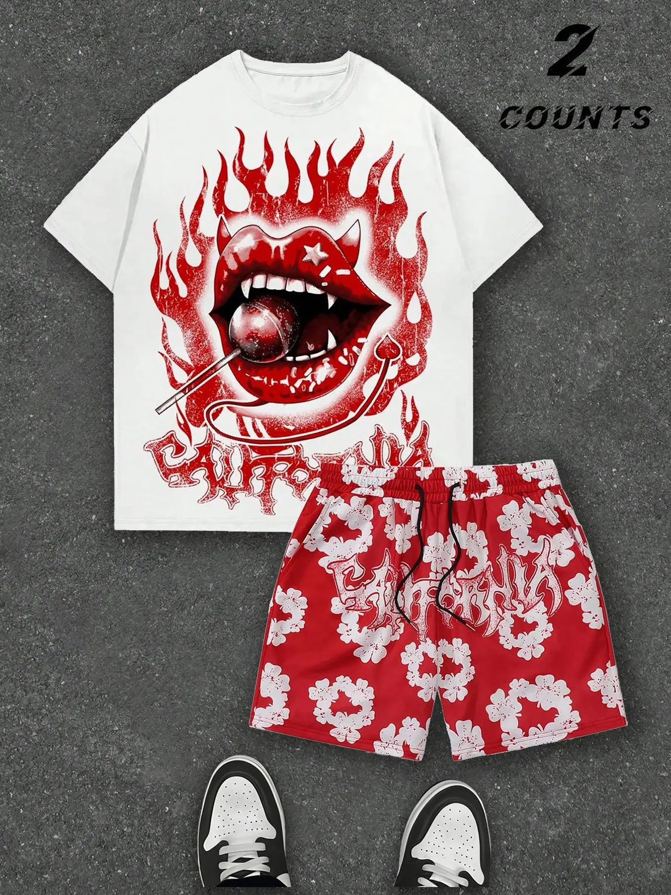 Summer street fashion and dark aesthetic casual two-piece set menswear, Fitted, Round neck, flame print T-shirt with star print shorts, streetwear, subcultural style, Matching, suitable for everyday wear, ideal for hip-hop enthusiasts, Men's