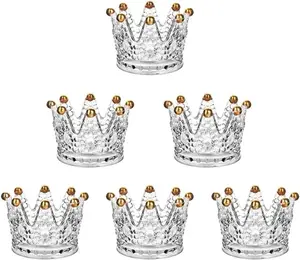 Set of 6 Gold Tip 3" Crown Glass Tealight Candle Holder,Votive Candle Holders for Wedding, Party, Home Decoration, Jewelry Storage Tray (Glass, Gold6Pcs)