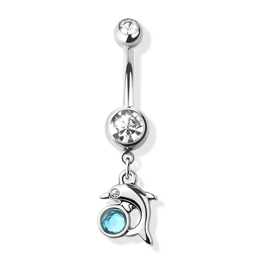 Dolphin Charm Aqua Gem Dangle Belly Ring 14G 316L Surgical Steel