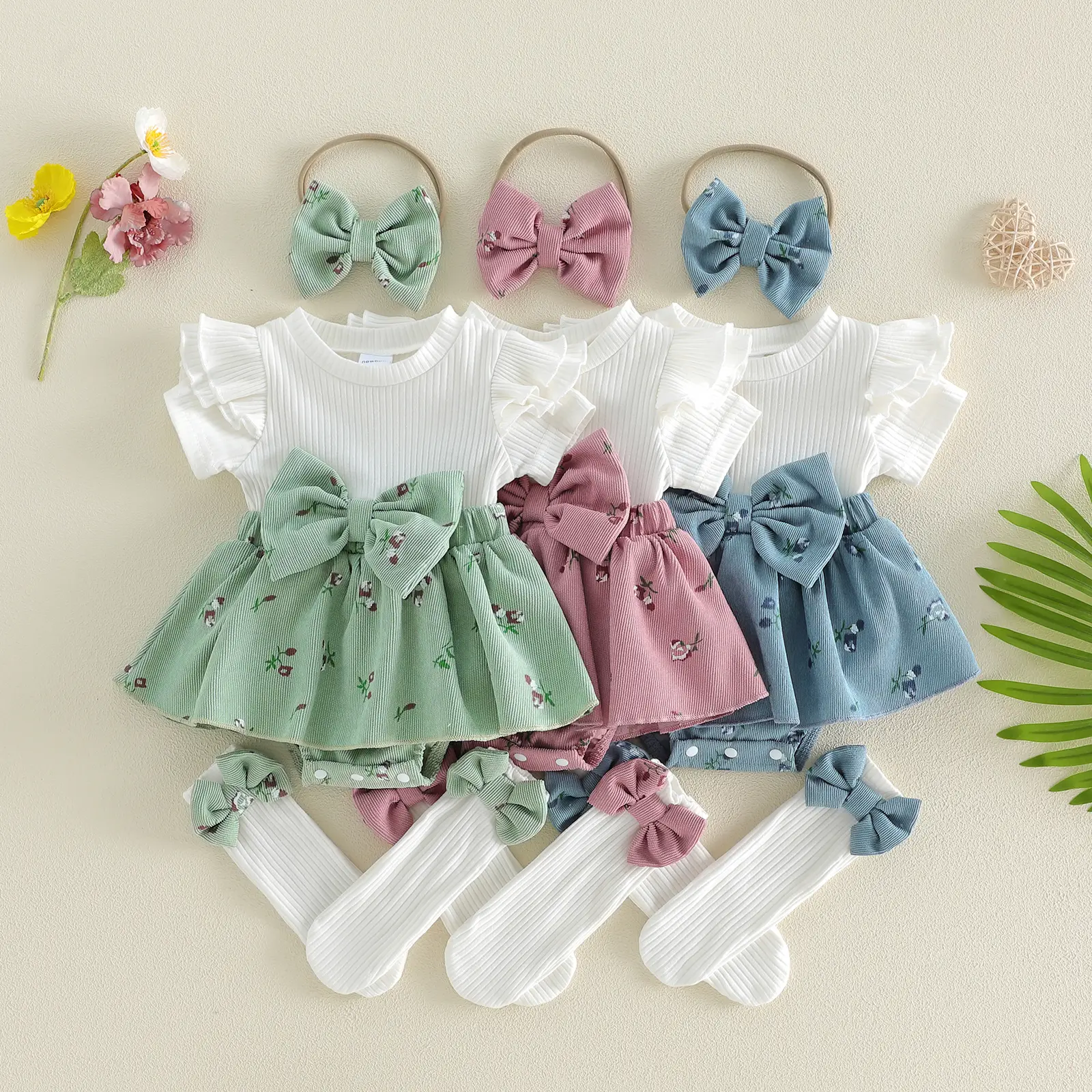 Infant Baby Girls Summer Outfits Short Sleeve Skirt Romper + Long Socks + Headband Set Newborn Clothes 0-12 Months