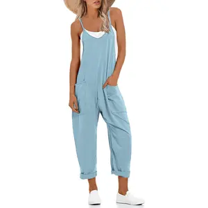 Women's Causal Jumpsuits V Neck Sleeveless Harem Overalls Stretchy Adjustable Strap Romper with Pockets
